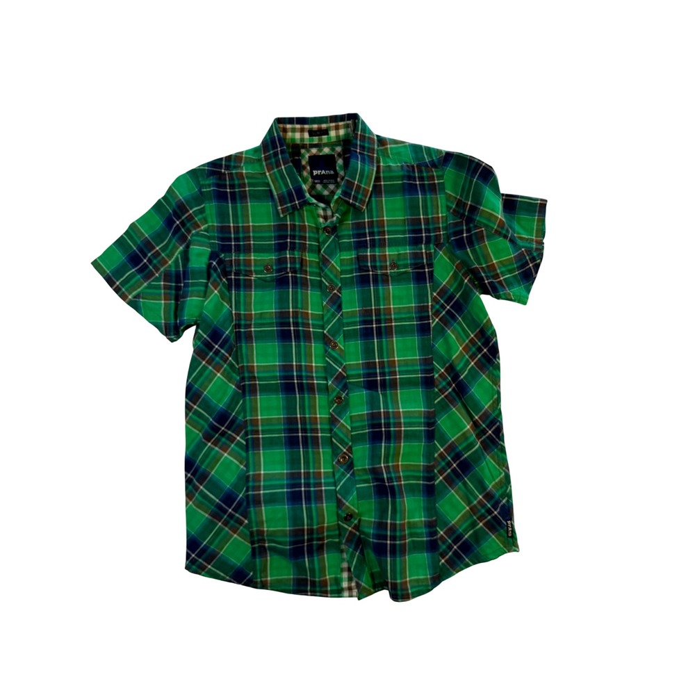 Prana Slim Fit Short Sleeve Plaid Button Up Shirt Men's‎ Medium Green Blue